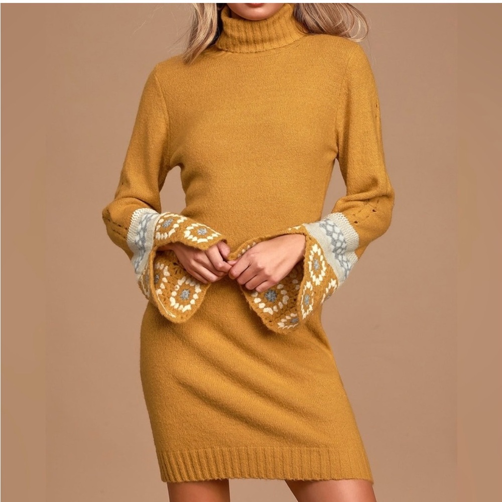 Lulu's Mustard Cowl Neck Sweater with Crochet Sleeves